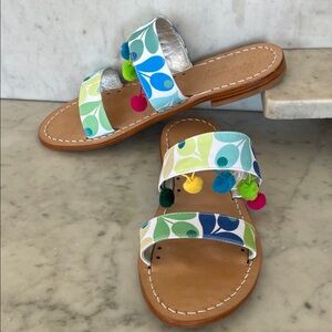 CARUSO SANDALI Colorful Pom Pom Fabric & Leather Italian Slide Sandals 39